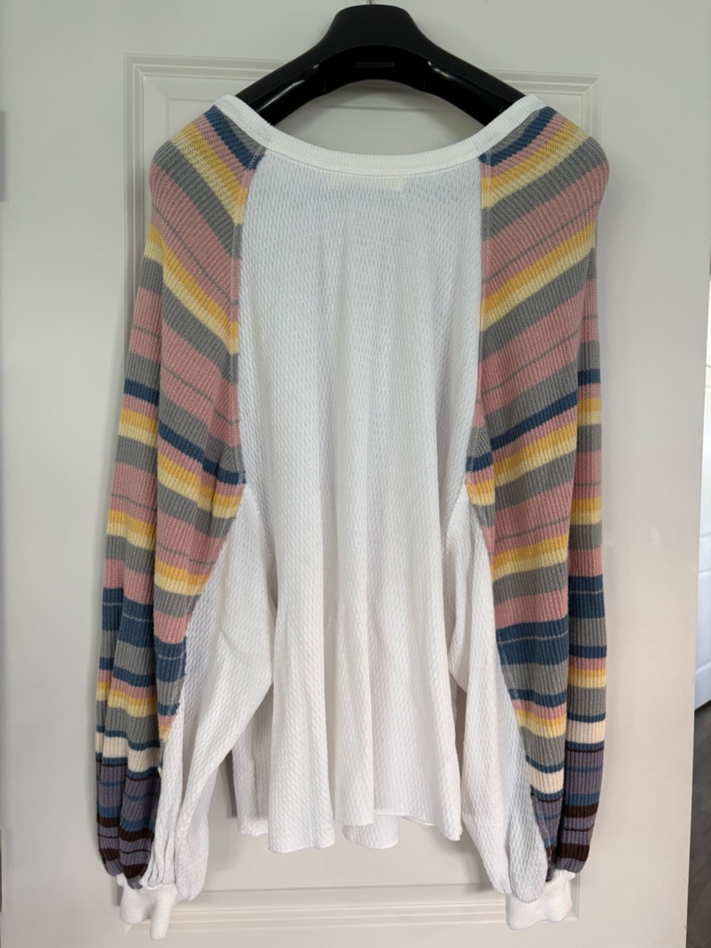 We the Free - White Waffle Knit Top with Multicolor Striped Raglan Sleeves